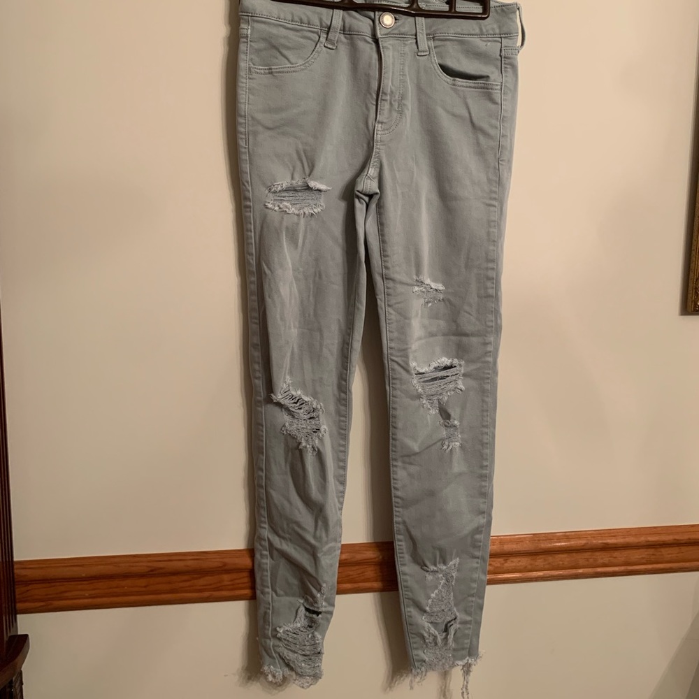 American Eagle Light Green Ripped Jegging